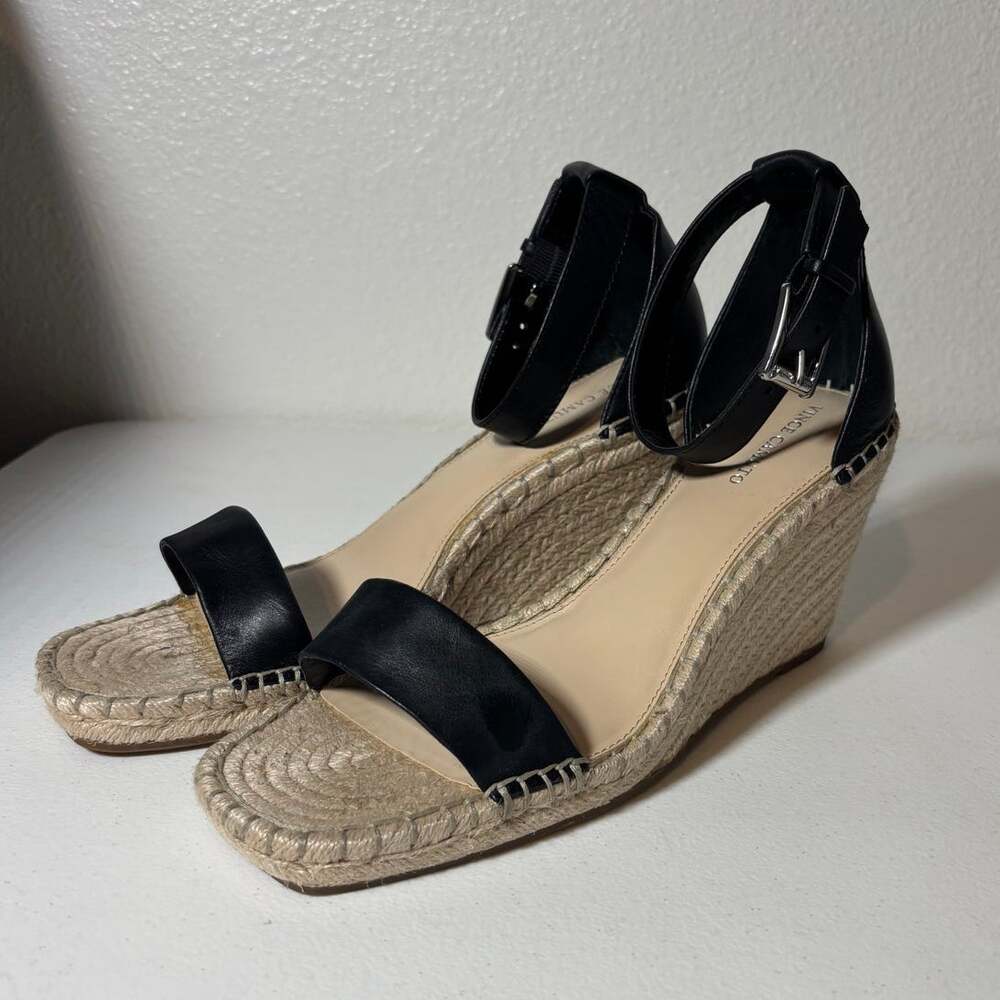 Vince Camuto Women's Size 13 Black Leather Leera Espadrille Wedge Sandals